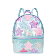 Load image into Gallery viewer, Star-Patched Metallic Light Blue Mini Backpack
