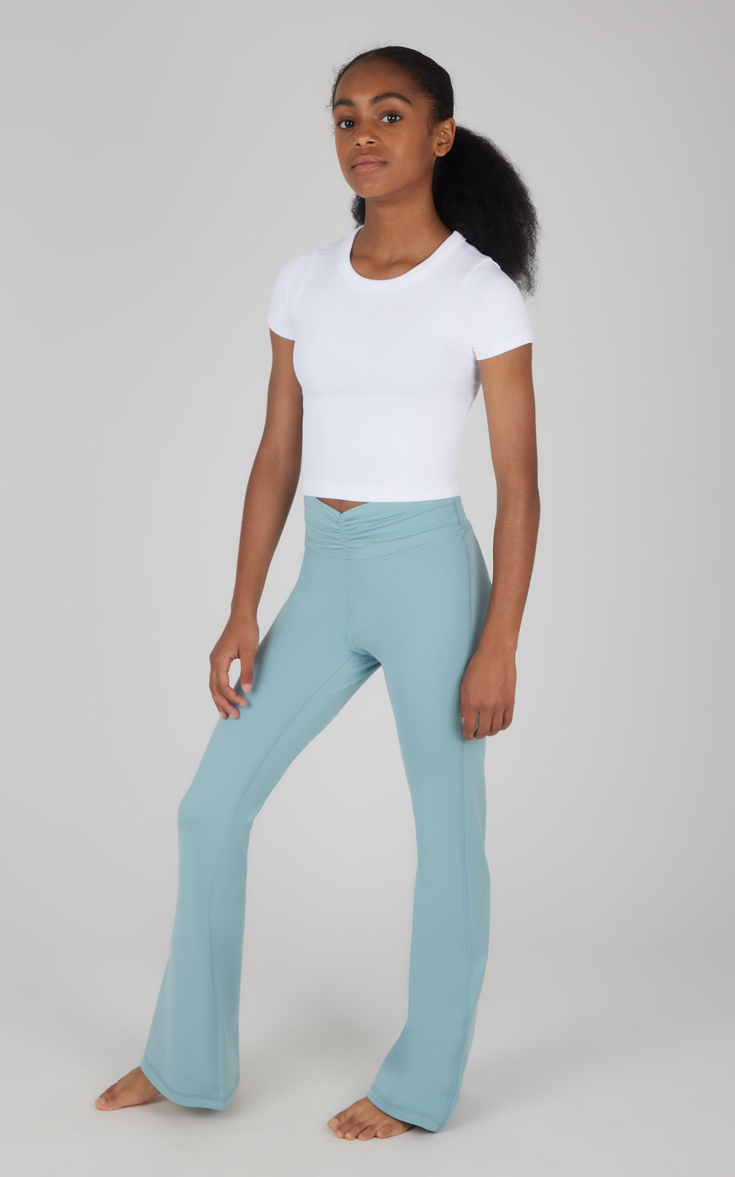 Girls Lux Waist Band Ruching Flared Pant (teal)