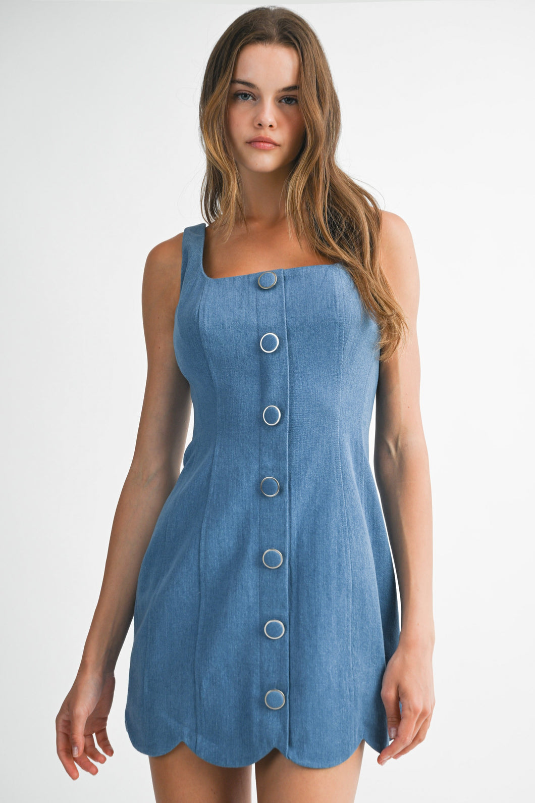 Denim Square Neckline Scallop Hem Mini Dress