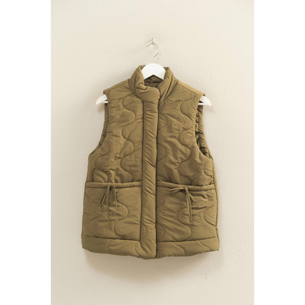 Wave Quilted Ribbon Tie Detailed Puffer Vest