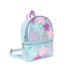 Load image into Gallery viewer, Star-Patched Metallic Light Blue Mini Backpack
