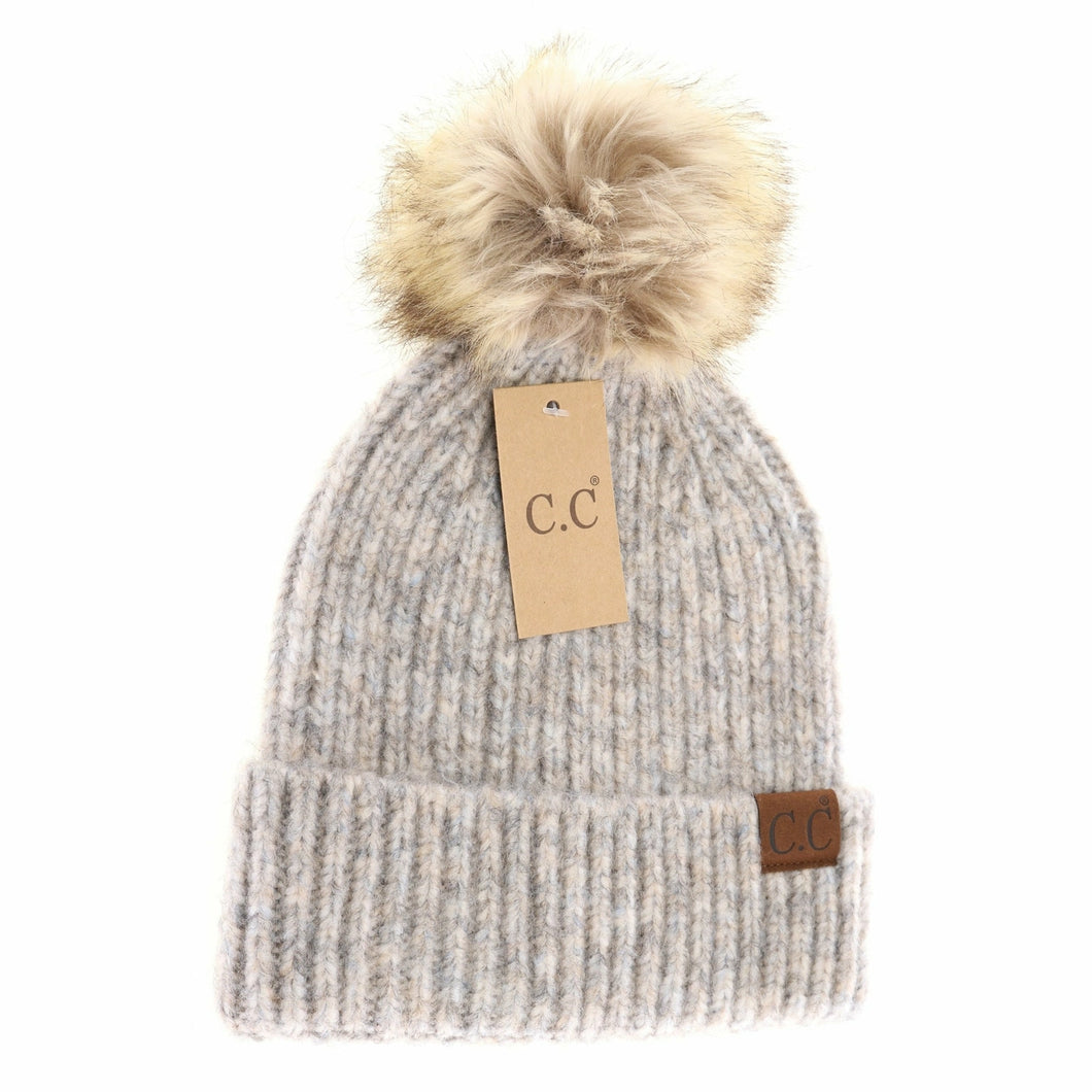 Soft Ribbed Fur Pom C.C Beanie