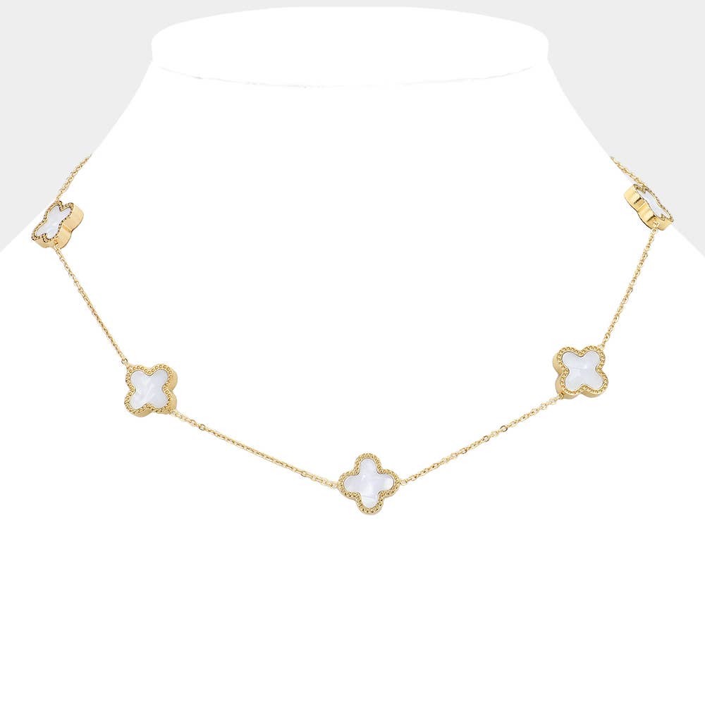 Mother Of Pearl Quatrefoil Station Stainless Steel Necklace